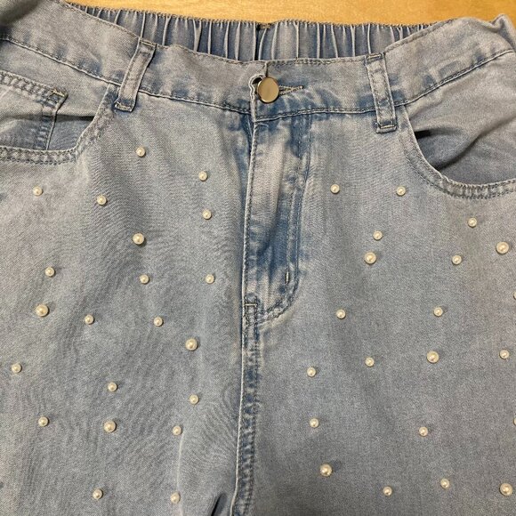Light Blue Pearl Embellished Wide Leg High Rise Chunky L Women's Jeans - Picture 7 of 9